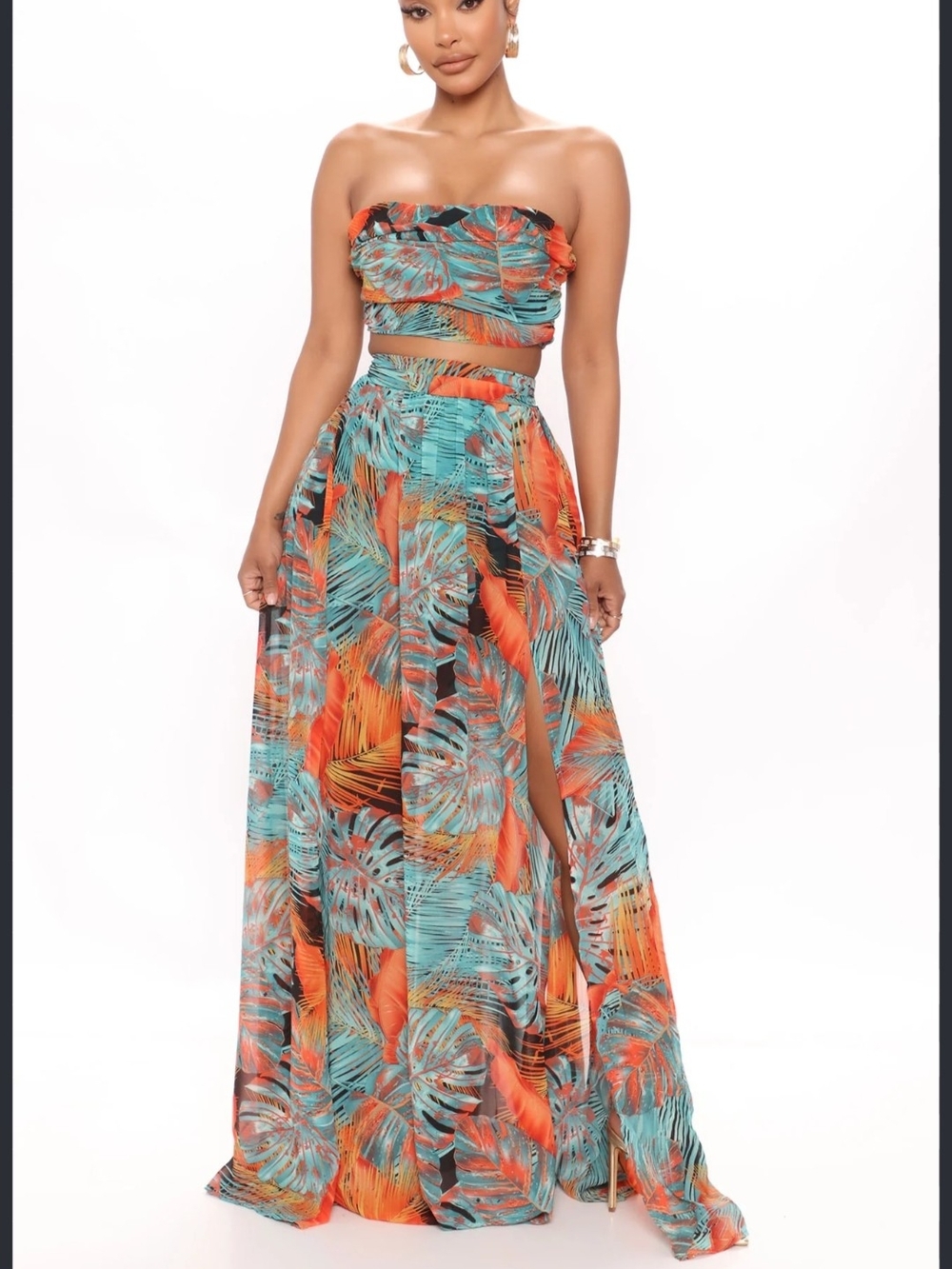Tropical Strapless Maxi Dress in Teal & Orange